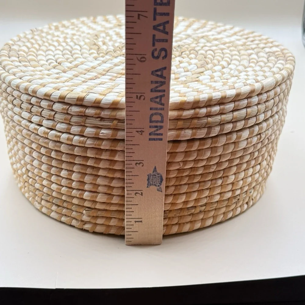 Handwoven Lidded Raffia Coil Basket Natural Boho Woven Storage Basket Vintage